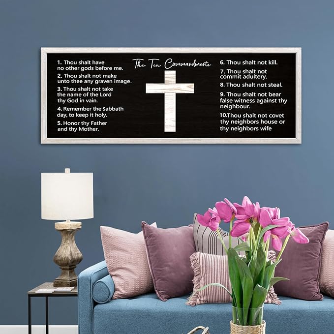 Ten Commandments Rustic Bible Verse Framed Wall Decor, 40" x 15", Religious Christian Slogan Representing a Prayer to God Jesus Christ, Vintage Horizontal Holy Inspirational Catholic Scripture Decor
