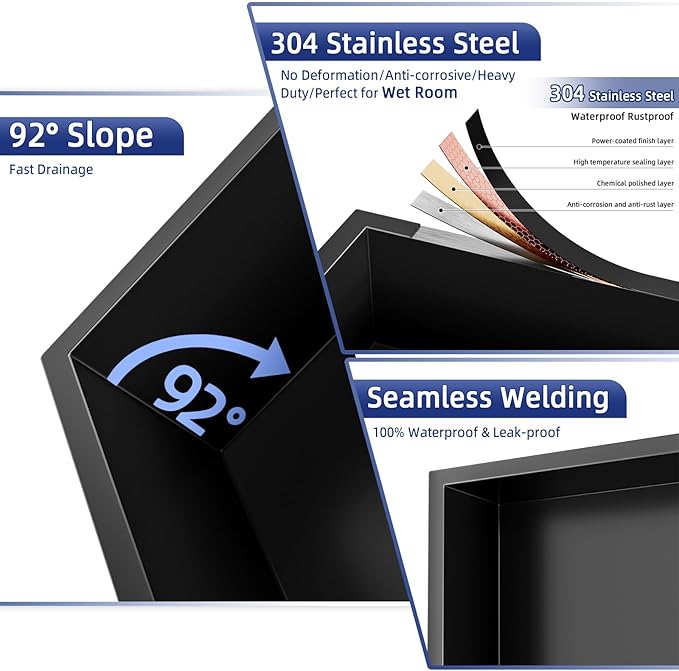 36x12 Inch No Tile Needed Shower Niche - 304 Stainless Steel Niche Shower with 3- Tier Shelves Recessed Wall Niches for Bathroom Storage,Matte Black