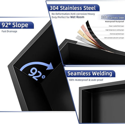 36x12 Inch No Tile Needed Shower Niche - 304 Stainless Steel Niche Shower with 3- Tier Shelves Recessed Wall Niches for Bathroom Storage,Matte Black