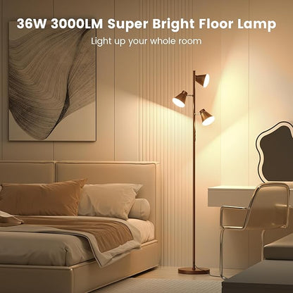 36W LED Tree Floor Lamp, Dimmable Tall Standing Lamp with Remote & Touch Control, 4 Color Temperatures Bright Floor Lamp, 3 Rotatable Light Modern Floor Lamps (Brown)