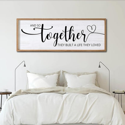 And So Together They Built A Life They Loved Decorative Rustic Sign & Plaque Framed Wall Art for Couples, 40''×15''Wooden Long Wall Decor Above Bed, Vintage Horizontal Farmhouse Wedding Gift