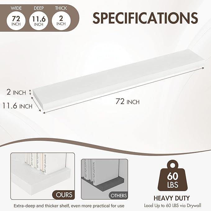 72 Inch Floating Shelves, 12" Deep Floating Shelf Wall Mounted, 72" Wall Shelves, Rustic Deep Bookshelf, Extra Deeper & Thicker Display Shelves for Bedroom, Living Room, White, Set of 1