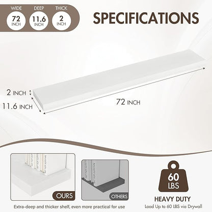 72 Inch Floating Shelves, 12" Deep Floating Shelf Wall Mounted, 72" Wall Shelves, Rustic Deep Bookshelf, Extra Deeper & Thicker Display Shelves for Bedroom, Living Room, White, Set of 1
