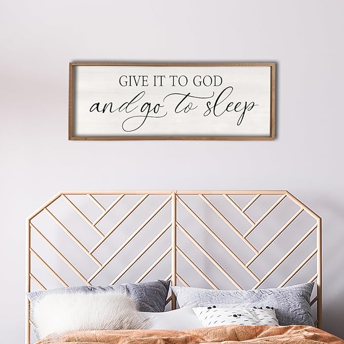 comurdyo Give It To God And Go to Sleep Sign 40''×15'' Master Bedroom Above Bed Wall Decor Wood Framed Couple Large Farmhouse Guest Room Rustic Simple Over Bedside Wall Art Hanging Decor (Wood)