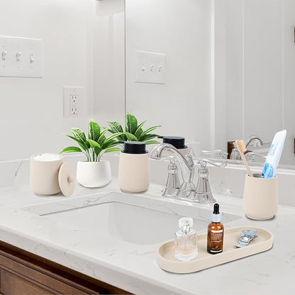 Beige Bathroom Accessories Set - 4 Pcs Bathroom Accessory Sets with Toothbrush Holder,Lotion Soap Dispenser,Qtip Holder Dispensr & Vanity Tray,Bathroom Countertop Vanity Oganizer - Beige