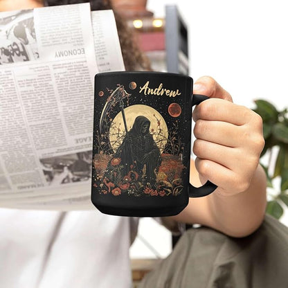 Custom Name Coffee Mug, Halloween Inspired Ceramic Cup 11oz 15oz, Personalized Spooky Reaper Coffee Cup, Halloween Character White Mug with Moon and Floral, Gifts for Men, Women