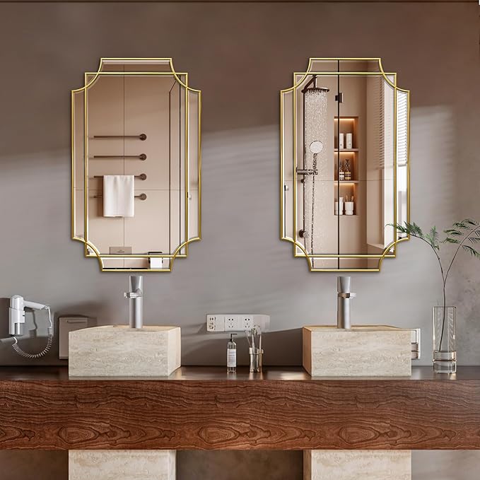 30x20 Inch Gold Bathroom Mirror, Wooden Frame with Scalloped Polished Beveled Glass, Modern Art Wall Decor for Vanity, Irregular Rectangle Mirror for Bedroom, Living Room, Fireplace & Entryway