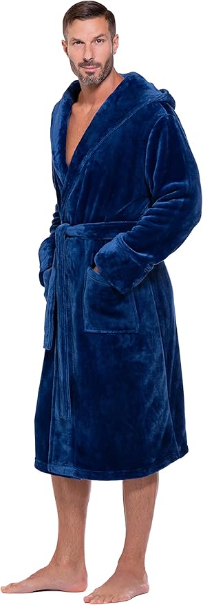 Turquaz Plush Robes For Men, Soft Fuzzy Hooded Mens Bathrobes, Long Comfy Robe For Men