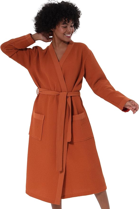 Women’s Luxury Waffle Shawl Collar, Hooded Robe w Piping – Lightweight, Long, Ultra Soft Spa Sleepwear Bathrobe