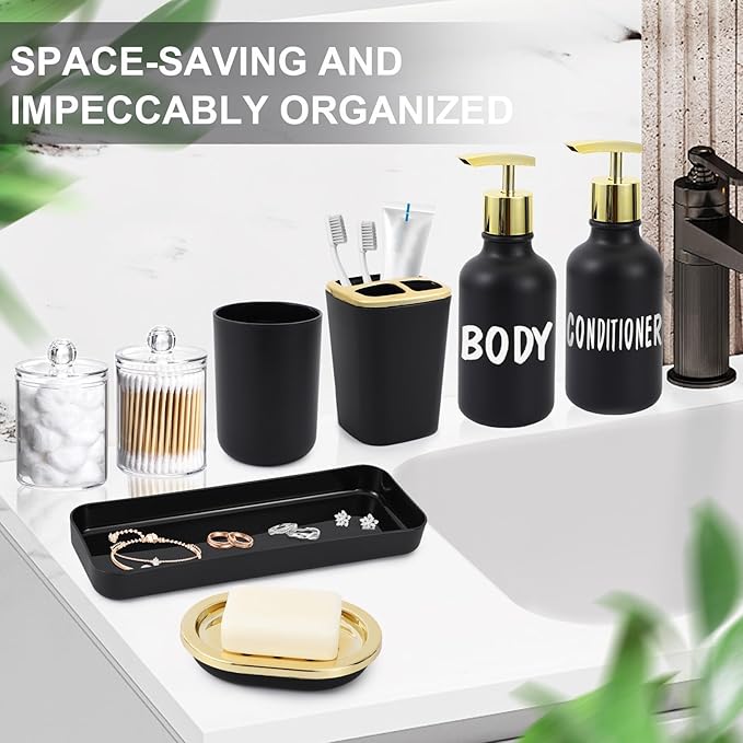 Black and Gold Bathroom Accessories Set - 10 Piece Bathroom Sets with Trash Can, Soap Dispenser, Soap Dish, Toothbrush Holder and Cup, Toilet Brush, Qtip Holder, Bathroom Accessory Set Complete