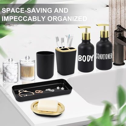 Black and Gold Bathroom Accessories Set - 10 Piece Bathroom Sets with Trash Can, Soap Dispenser, Soap Dish, Toothbrush Holder and Cup, Toilet Brush, Qtip Holder, Bathroom Accessory Set Complete