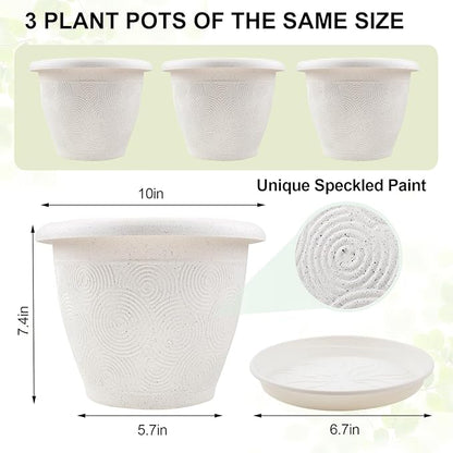 Plastic Flower Pots Planters for Indoor Plants, 3 Pack 10 Inch White Plant Pots with Drainage Hole & Tray, Modern Decorative Large Plant Pot with Saucer for Indoor Outdoor Plants Garden House Planter