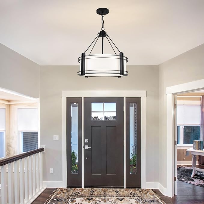 16.3''Black Drum Chandelier 3-Light Modern Farmhouse Chandelier with White Fabric Shade Adjustable Drum Pendant Light Fixture for Dining Room Kitchen Island Hallway Living Bedroom
