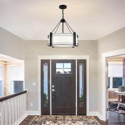 16.3''Black Drum Chandelier 3-Light Modern Farmhouse Chandelier with White Fabric Shade Adjustable Drum Pendant Light Fixture for Dining Room Kitchen Island Hallway Living Bedroom