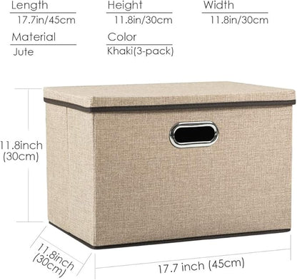 PRANDOM Large Collapsible Storage Bins with Lids [3-Pack] Jute Fabric Foldable Storage Boxes Organizer Containers Baskets Cube with Cover for Home Bedroom Closet Office Nursery (17.7x11.8x11.8)