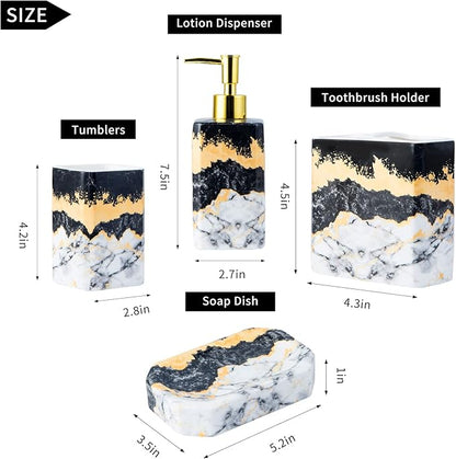 4 Piece Bathroom Accessories Set - Black and White Includes Lotion Dispenser, Toothbrush Holder Tumbler, and Soap Dish - Glossy Finish (Marble, Black, and White)