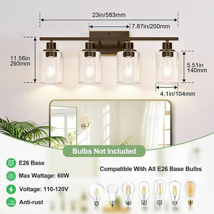4 Light Bathroom Light Fixtures, Oil-Rubbed Bronze Modern Vanity Lights with Clear Glass Shades, Bathroom Wall Lamp for Mirror Living Room Cabinet