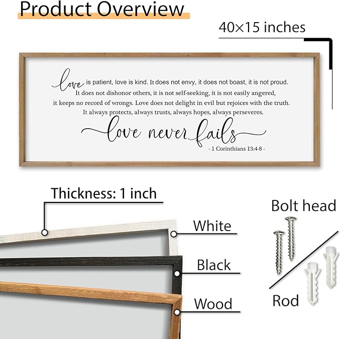 SRSZHIYUE Love is Patient Kind Sign Wall Decor Art 40"×15" 1 Corinthians 13 4-8 Master Bedroom Christian Wood Framed Large Wall Hanging (Wood)