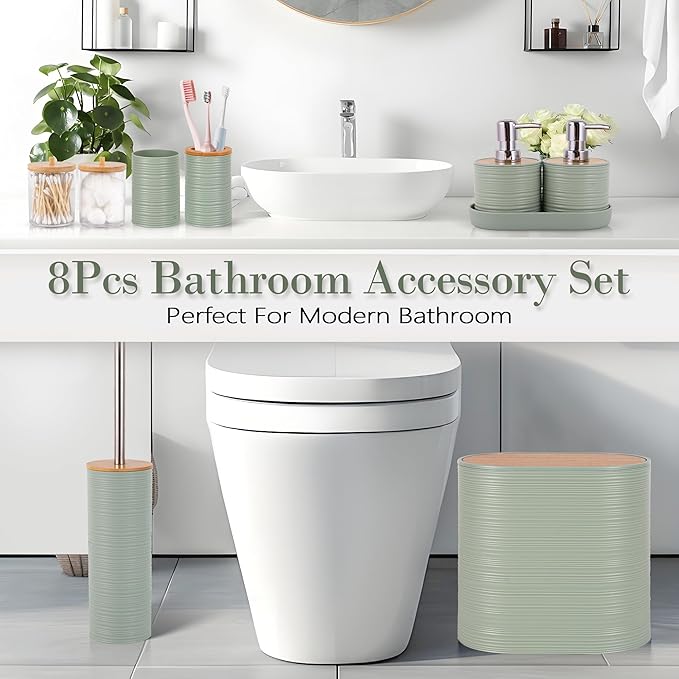 Bathroom Accessory Set,10 PCS LightGreen Bathroom Set with Trash Can,Toothbrush Holder,Soap Dispenser,Toothbrush Cup,Vanity Tray,Soap Dish,Toilet Brush,Qtip Holders