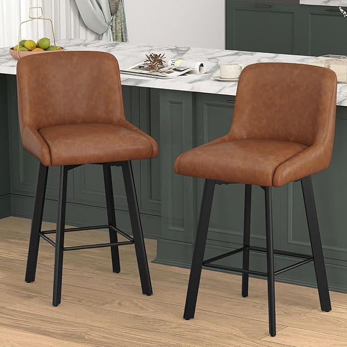 Swivel Bar Stools Set of 4, 26''H Upholstered Barstools with Backs, Modern Counter Height Bar Stool Chairs for Kitchen Island, Metal Legs, Faux Leather, Brown Counter Stools