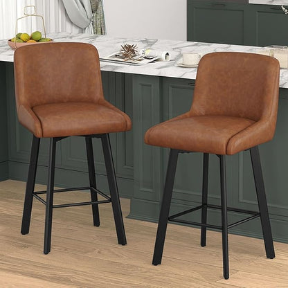 Swivel Bar Stools Set of 3, 26''H Upholstered Barstools with Backs, Modern Counter Height Bar Stool Chairs for Kitchen Island, Metal Legs, Faux Leather, Brown Counter Stools