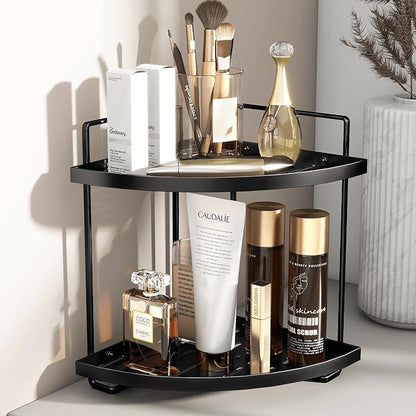 2-Tier Bathroom Counter Organizer, Corner Bathroom Organizer Countertop, Black Vanity Tray Counter Corner Shelf, Corner Organizer for Skincare Makeup Kitchen Storage, 8.2''L x 8.2''W x 11.2''H
