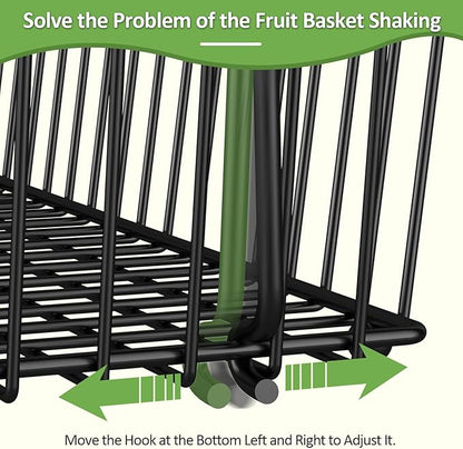 2 Tier Fruit Basket for Kitchen Counter with 2 Banana Hangers, Countertop Metal Fruit Bowl with Wooden Handle, Large Storage Stand for Vegetables, Snacks, Breads, Produce Storage – Black