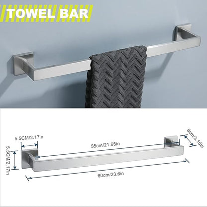 Brushed 4-Piece Bathroom Hardware Set Premium Stainless Steel Bath Towel Bar Sets Wall Mounted Square Bathroom Accessories Kit, 23.6 Inch Brushed Nickel
