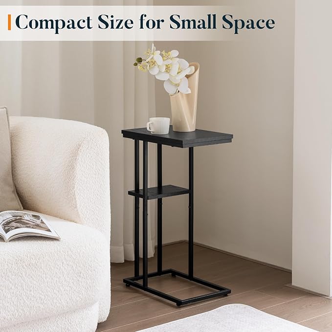 Yoobure C Shaped End Table, Side Table for Couch and Bed, Small Side Table for Small Spaces, Living Room, Bedroom, Rustic Snack Table