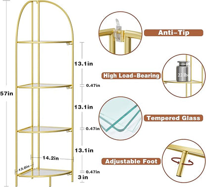 Crofy Foldable 4 Tier Corner Shelf, Metal Corner Plant Stand with Gold Frame and Transparent Shelves, Corner Display Rack Multipurpose Shelving Unit for Living Room, Bedroom, Bathroom