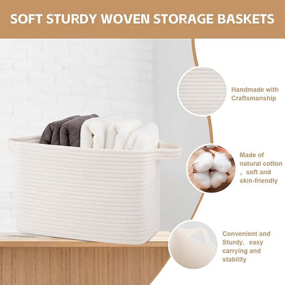 Storage Basket for Organizing, Woven Baskets for Storage, Rectangle Decorative Baskets for Shleves, Closet, Toys, Books, Nursery Organizer Bins - Pack of 3 (White)