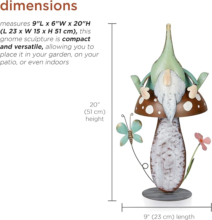 Alpine Corporation - Metal Gnome with Mushroom – 20" Tall Durable Iron Garden Statue, Whimsical Outdoor Décor for Patio, Lawn, Yard (Multicolor)