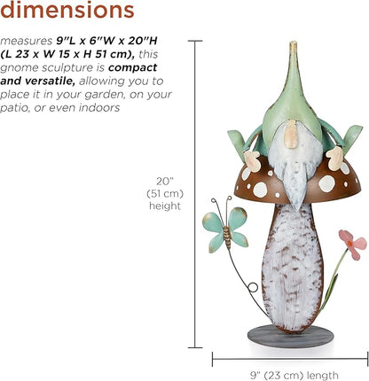 Alpine Corporation - Metal Gnome with Mushroom – 20" Tall Durable Iron Garden Statue, Whimsical Outdoor Décor for Patio, Lawn, Yard (Multicolor)