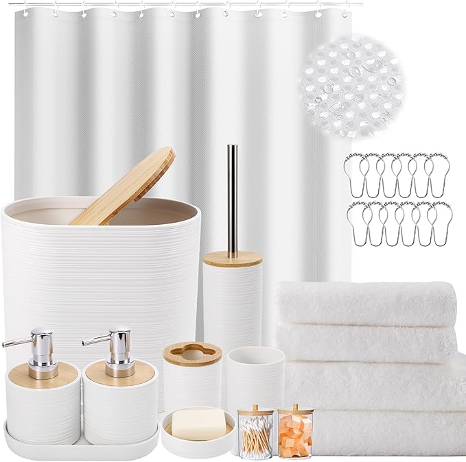 White Bathroom Set, White Bathroom Accessories Set with Shower Curtain, Bath Towel Set, Trash Can, 2PCS Soap Dispensers, Soap Dish, Toothbrush Holder and Cup,Toilet Brush for Bathroom Decor