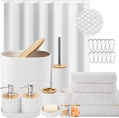 White Bathroom Set, White Bathroom Accessories Set with Shower Curtain, Bath Towel Set, Trash Can, 2PCS Soap Dispensers, Soap Dish, Toothbrush Holder and Cup,Toilet Brush for Bathroom Decor