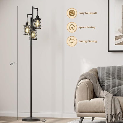 Oneach 70" Industrial Floor Lamp, Stepless Dimmable Standing Lamp with 3 Bulbs, Farmhouse Corner Standing Tree Lamp for Living Room, Tall Lamps for Bedroom, Office, Study Room, Dining Room, Black