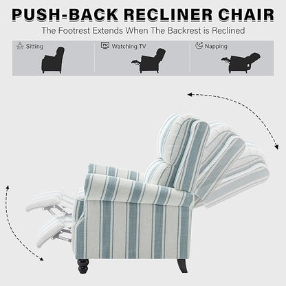 UIXE Pushback Recliner Chairs Set of 2, Fabric Armchair Push Back Accent Chair, Rivet Trim Club Chair Home Theater Overstuffed Single Sofa Reading Seat for Living Room, Stripe Blue