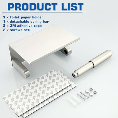 Alise Toilet Paper Holder,Double Post Paper Holder SUS304 Stainless Steel Toilet Paper Roll Holder with Shelf Spring Loaded Tissue Holder (Adhesive or Screw),Brushed Nickel