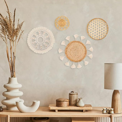 Boho Wall Basket Decor Set of 4 - Flat Woven Basket Wall Hanging Decor,Round Tassels White Macrame Tapestry Wall Decor Art,Handmade Rattan Wicker Seagrass Home Wall Baskets Decor(Wooden Beads Style)