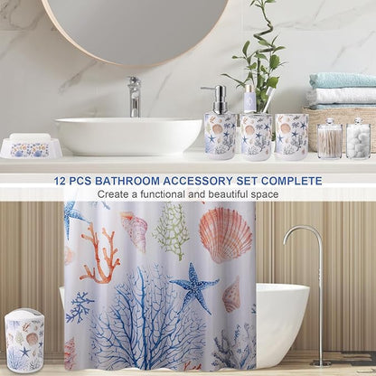 Bathroom Accessories Set Complete with Sea Shower Curtain,10 Piece Bathroom Sets with Toothbrush Holder,Toothbrush Cup,Lotion Soap Dispenser,Soap Dish,Toilet Brush,Trash Can,Qtip Holder