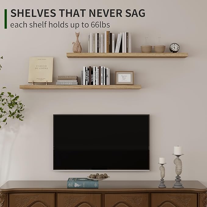 Wood Floating Shelves for Wall Set of 2, 48 Inch Wide Rustic Wooden Floating Shelves, Invisible Wall Mounted Display for Living Room Bedroom Kitchen Bathroom Office, Carbonized Black