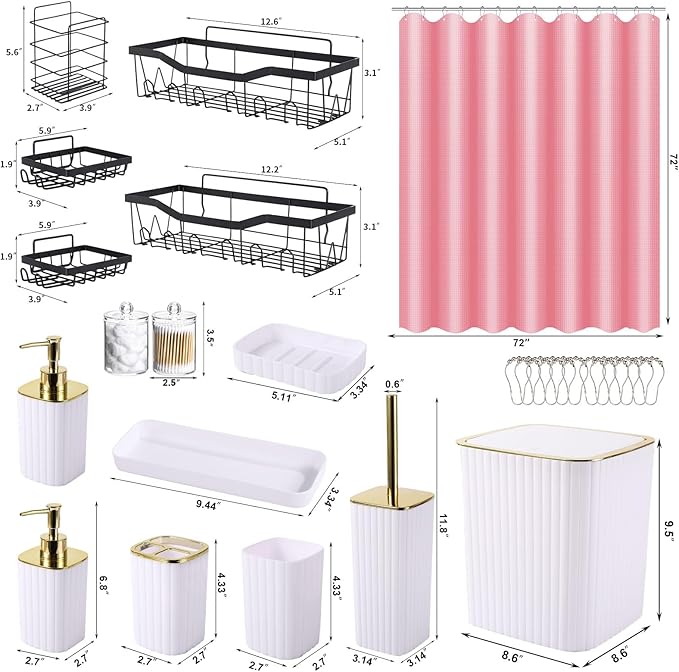 Bathroom Accessories Set - Gorgeous Bathroom Set, 28PC White Bathroom Accessory Set, Shower Curtain with 5PC Adhesive Corner Shower Caddy Hanging, Toilet Brush, Trash Can & Soap Dispenser