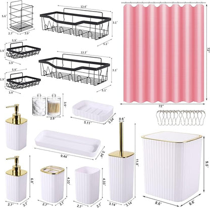 Bathroom Accessories Set - Gorgeous Bathroom Set, 28PC White Bathroom Accessory Set, Shower Curtain with 5PC Adhesive Corner Shower Caddy Hanging, Toilet Brush, Trash Can & Soap Dispenser