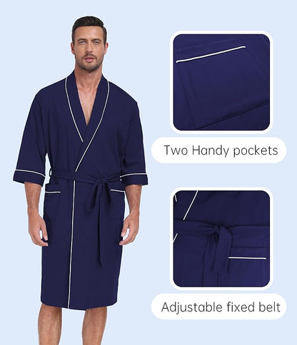 CF Men's Robe Cotton Bathrobe Soft Short Sleeve Bath Robes Shower Robe for Spa Soft Kimono Lightweight Sleepwear with Pockets
