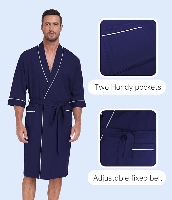 CF Men's Robe Cotton Bathrobe Soft Short Sleeve Bath Robes Shower Robe for Spa Soft Kimono Lightweight Sleepwear with Pockets