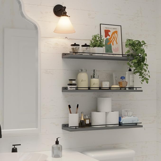 WOPITUES Floating Shelves 24 inch with Black Metal Guardrail, Shelves for Wall Decor Set of 3, Wall Shelves for Bedroom, Bathroom, Kitchen, Living Room, Plants, Picture Frames, Art- Grey