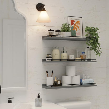 WOPITUES Floating Shelves 24 inch with Black Metal Guardrail, Shelves for Wall Decor Set of 3, Wall Shelves for Bedroom, Bathroom, Kitchen, Living Room, Plants, Picture Frames, Art- Grey