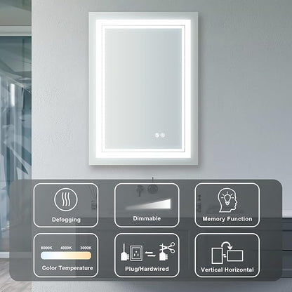 WELLFOR LED Bathroom Vanity Mirror 24 x 32 Inch, Lighted Anti-Fog Dimmable Mirror, IP44 Waterproof Wall Mounted Makeup Mirror, Packed with US Standard Plug and Touch Switch, (Horizontal/Vertical)