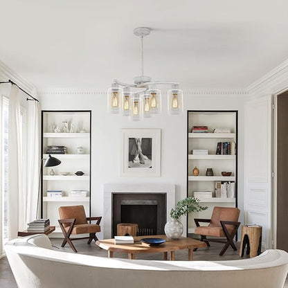 6-Light Antique White Chandelier with Clear Glass Shade, French Country Chandeliers for Dining Room, Adjustable Height Hanging Farmhouse Pendant Lighting for Kitchen Island Entryway Office