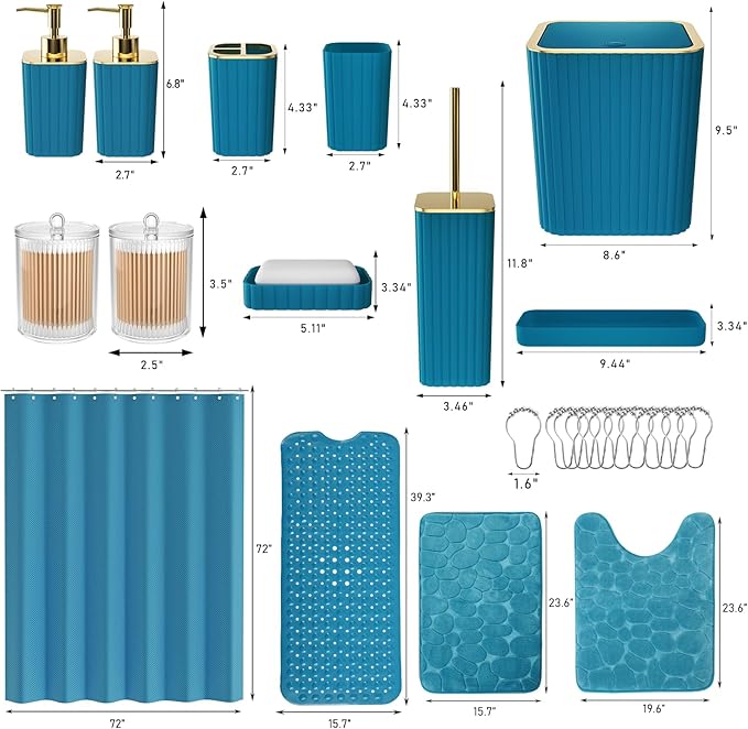 26PC Bathroom Accessories Set - Gorgeous Teal Bathroom Set, Bathroom Accessory Set, Shower Curtain Set with Bathtub Mats for Shower Tub,Trash Can & Soap Dispenser